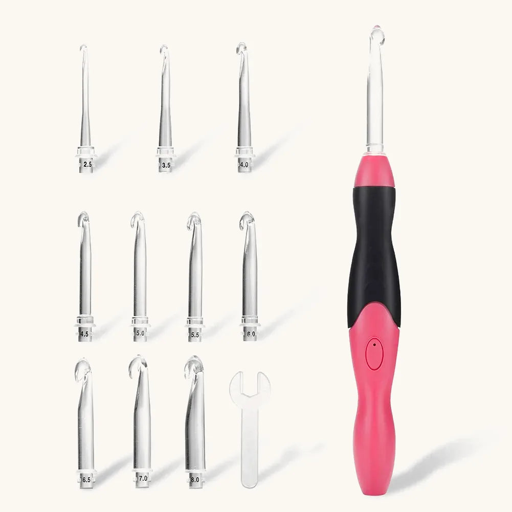 Flat lay of LED crochet hook with 11 clear interchangeable tips and a wrench, displaying every hook size for versatile projects.