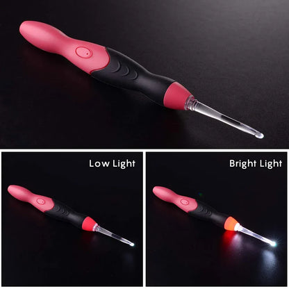 LED crochet hook on black background showing low-light and bright-light modes, highlighting the adjustable illumination for night crocheting.