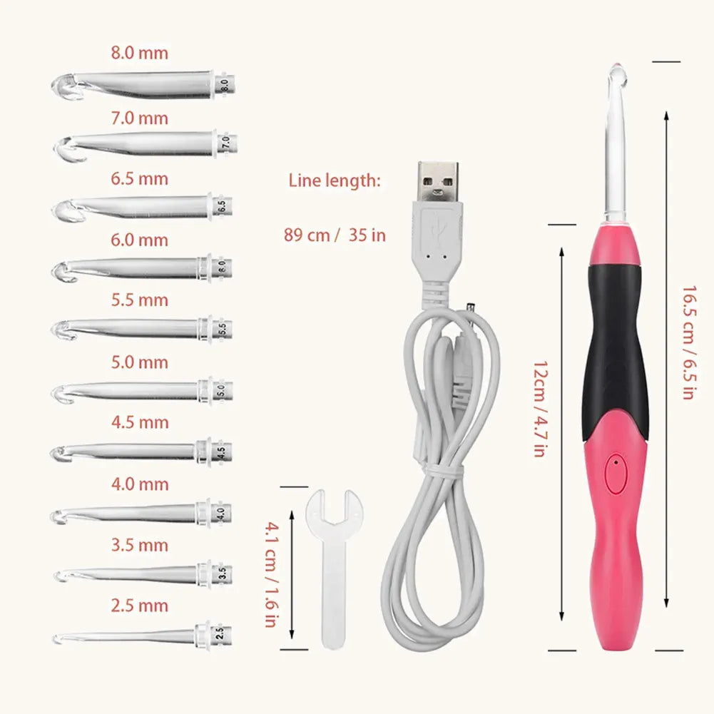 Size chart of 2.5–8 mm interchangeable LED crochet hook tips, pink ergonomic handle, USB charging cable and mini wrench.