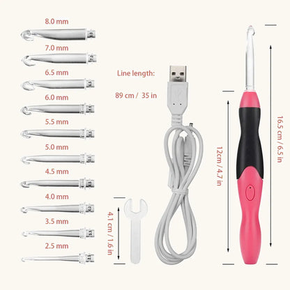 Size chart of 2.5–8 mm interchangeable LED crochet hook tips, pink ergonomic handle, USB charging cable and mini wrench.