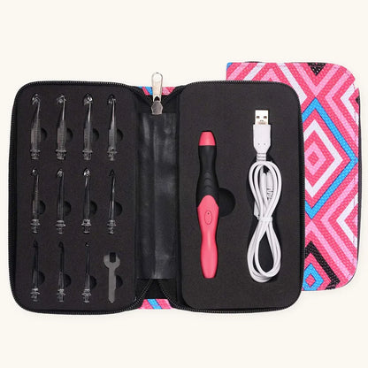 Full 11-in-1 LED crochet hook set in a pink patterned zip case with 11 clear hook tips, ergonomic handle, USB charging cable, and wrench.