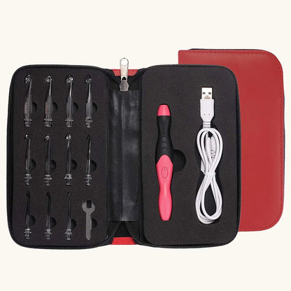 Full 11-in-1 LED crochet hook set in a red patterned zip case with 11 clear hook tips, ergonomic handle, USB charging cable, and wrench.
